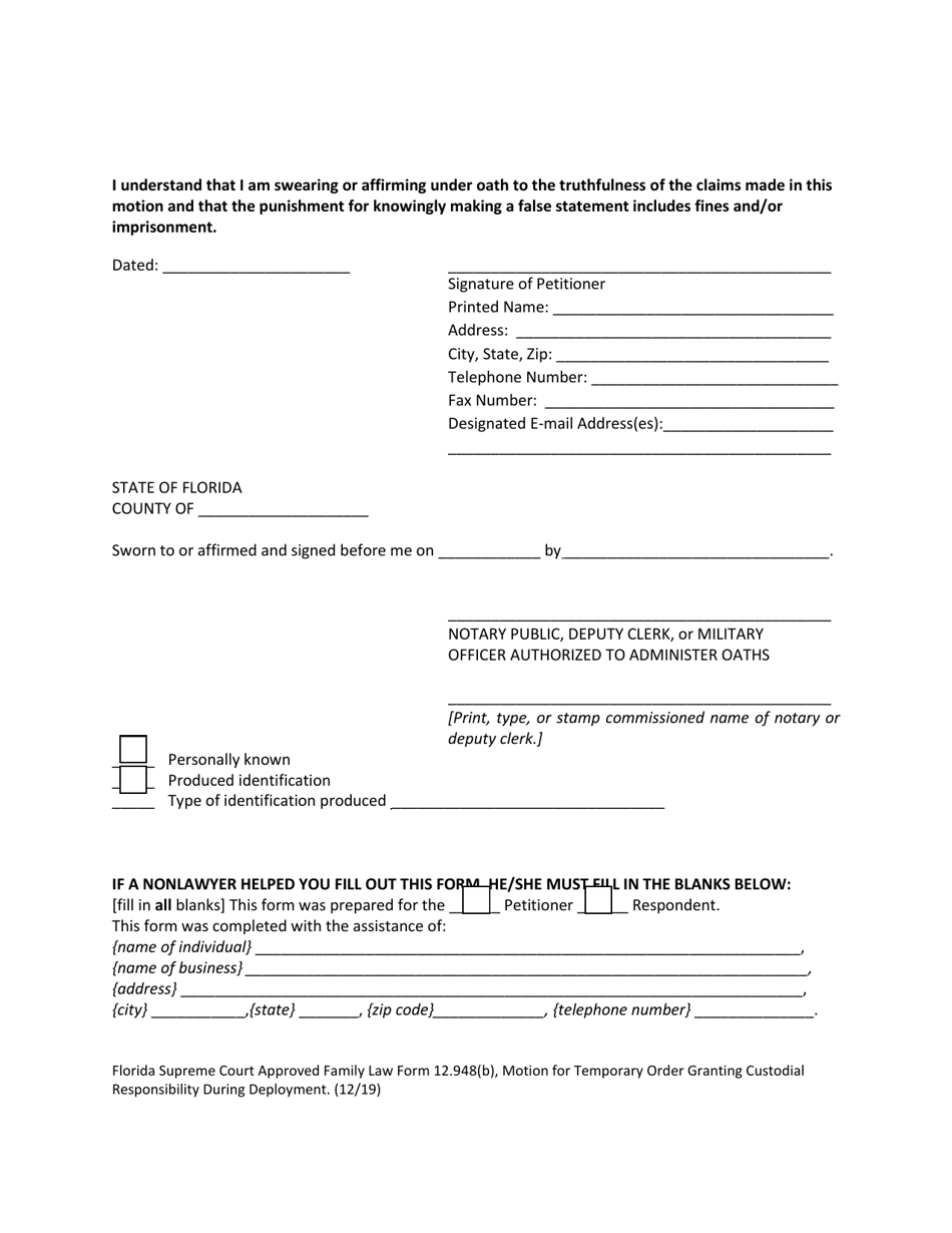 Form 12.948(B) Motion for Temporary Order Granting Custodial Responsibility During Deployment - Florida, Page 7