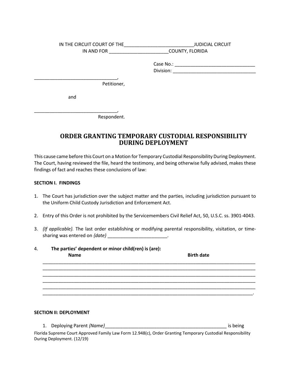 Form 12.948(C) Order Granting Temporary Custodial Responsibility During Deployment - Florida, Page 1