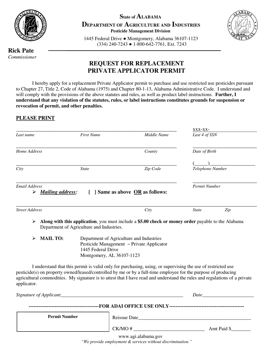Request for Replacement Private Applicator Permit - Alabama, Page 1