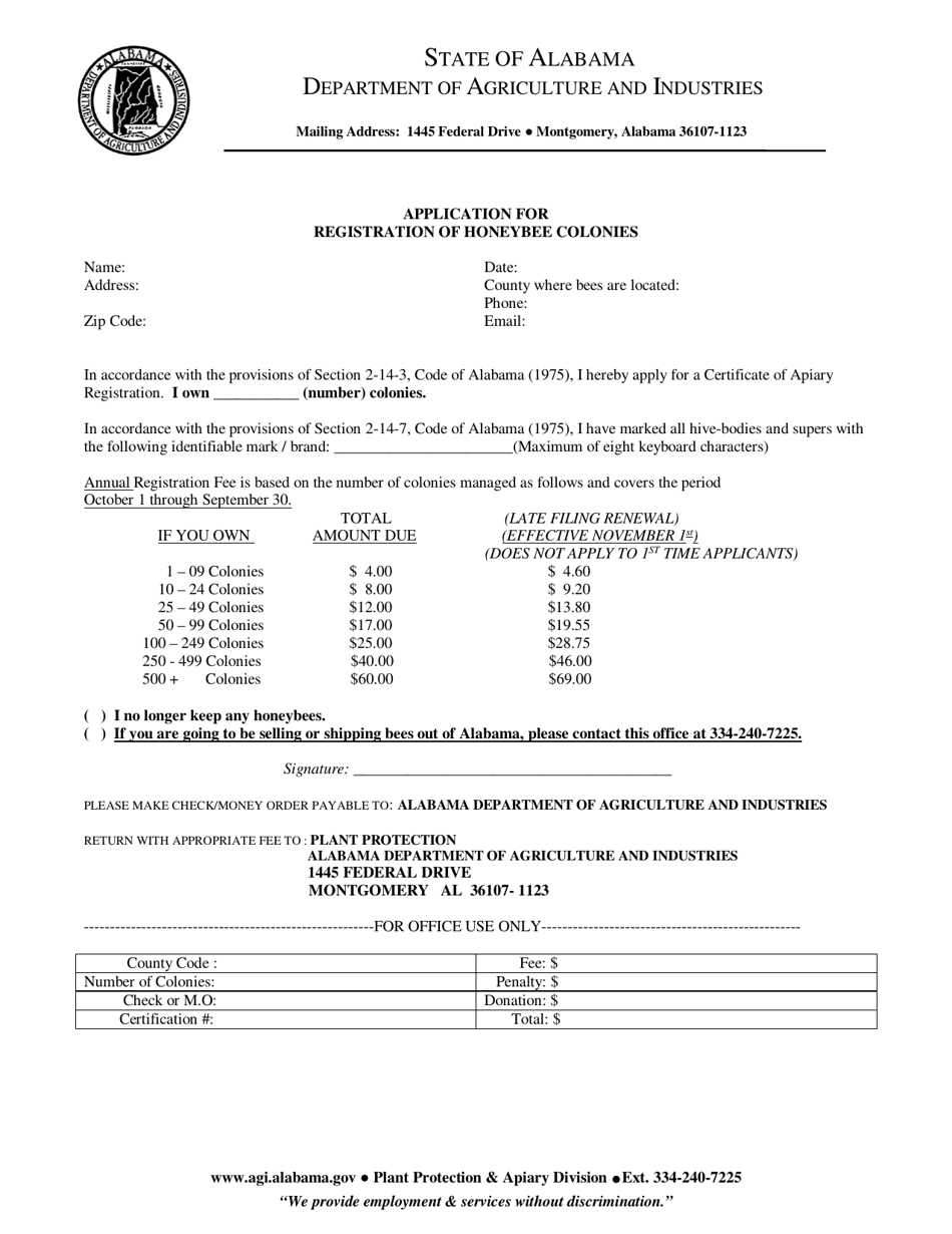 Application for Registration of Honeybee Colonies - Alabama, Page 1