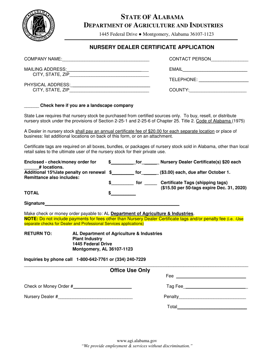 Alabama Nursery Dealer Certificate Application Fill Out, Sign Online and Download PDF