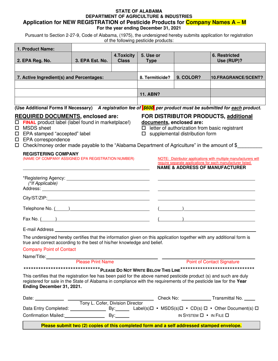 Application for New Registration of Pesticide Products for Company Names a - M - Alabama, Page 1