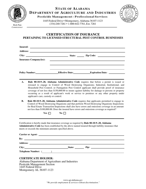Certificate of Insurance Pertaining to Licensed Structural Pest Control Business - Alabama Download Pdf