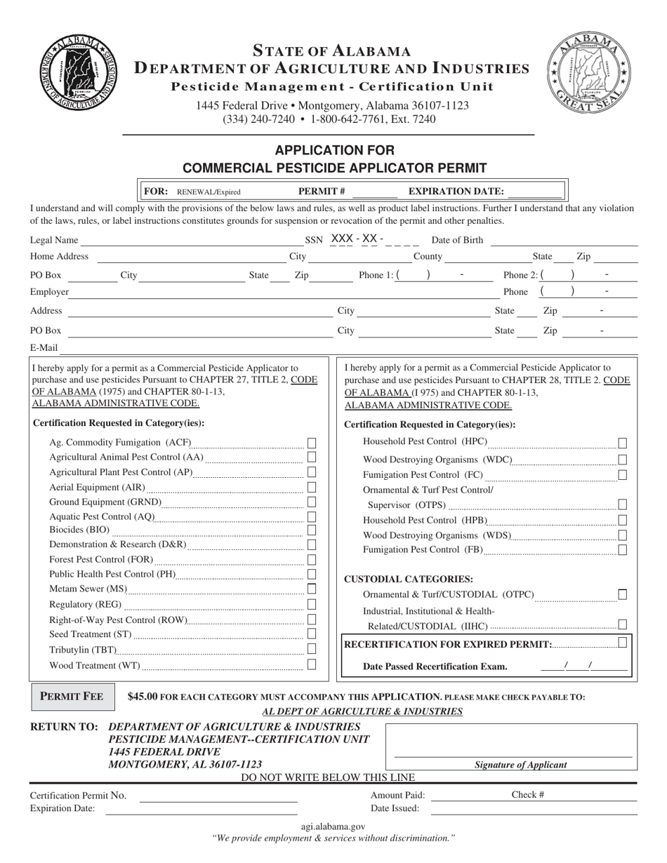 Application for Commercial Pesticide Applicator Permit (Renewal) - Alabama, Page 1