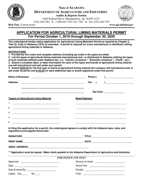 Application for Agricultural Liming Materials Permit - Alabama Download Pdf