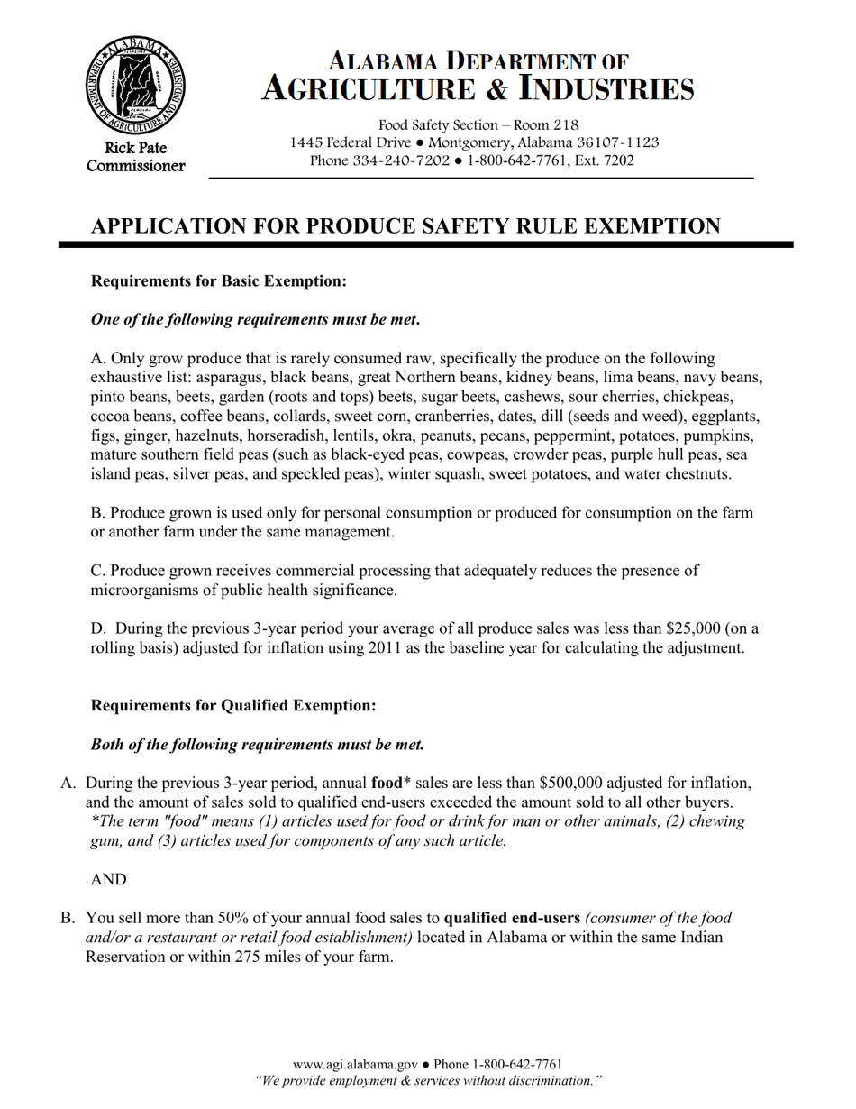 Application for Produce Safety Rule Exemption - Alabama, Page 1