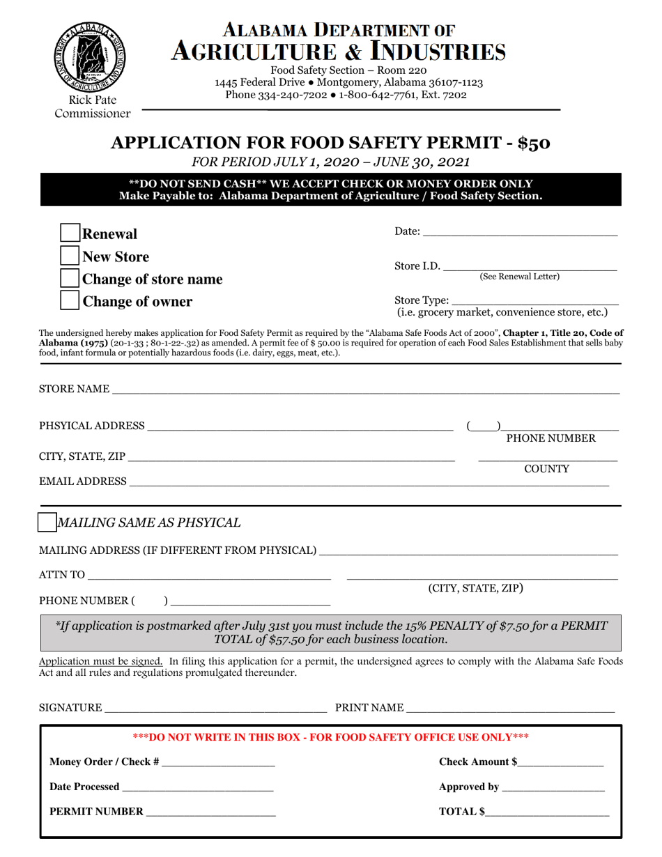 Application for Food Safety Permit - Alabama, Page 1