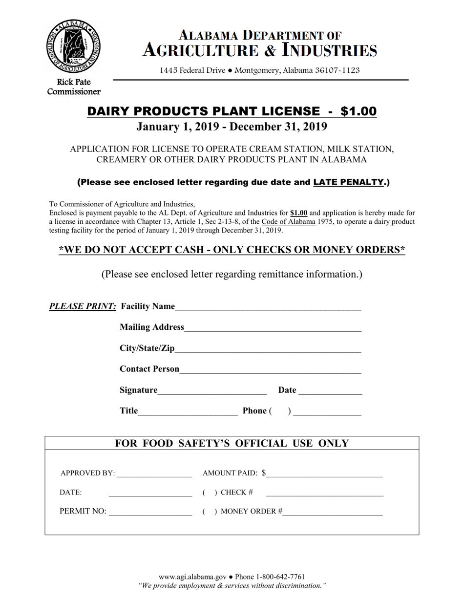 2019 Alabama Dairy Products Plant License Download Fillable PDF