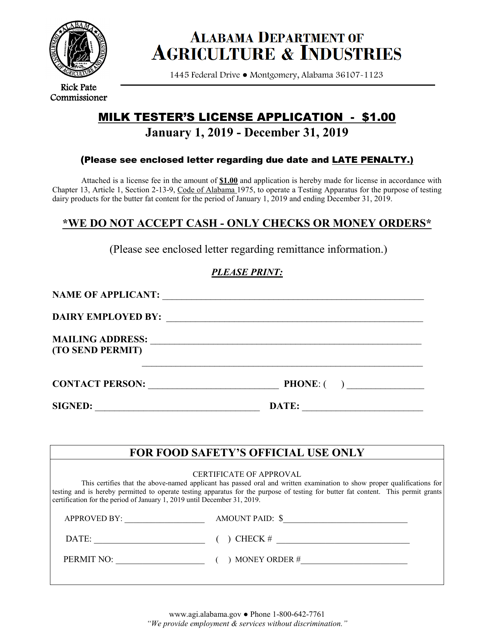 Milk Tester's License Application - Alabama, 2019