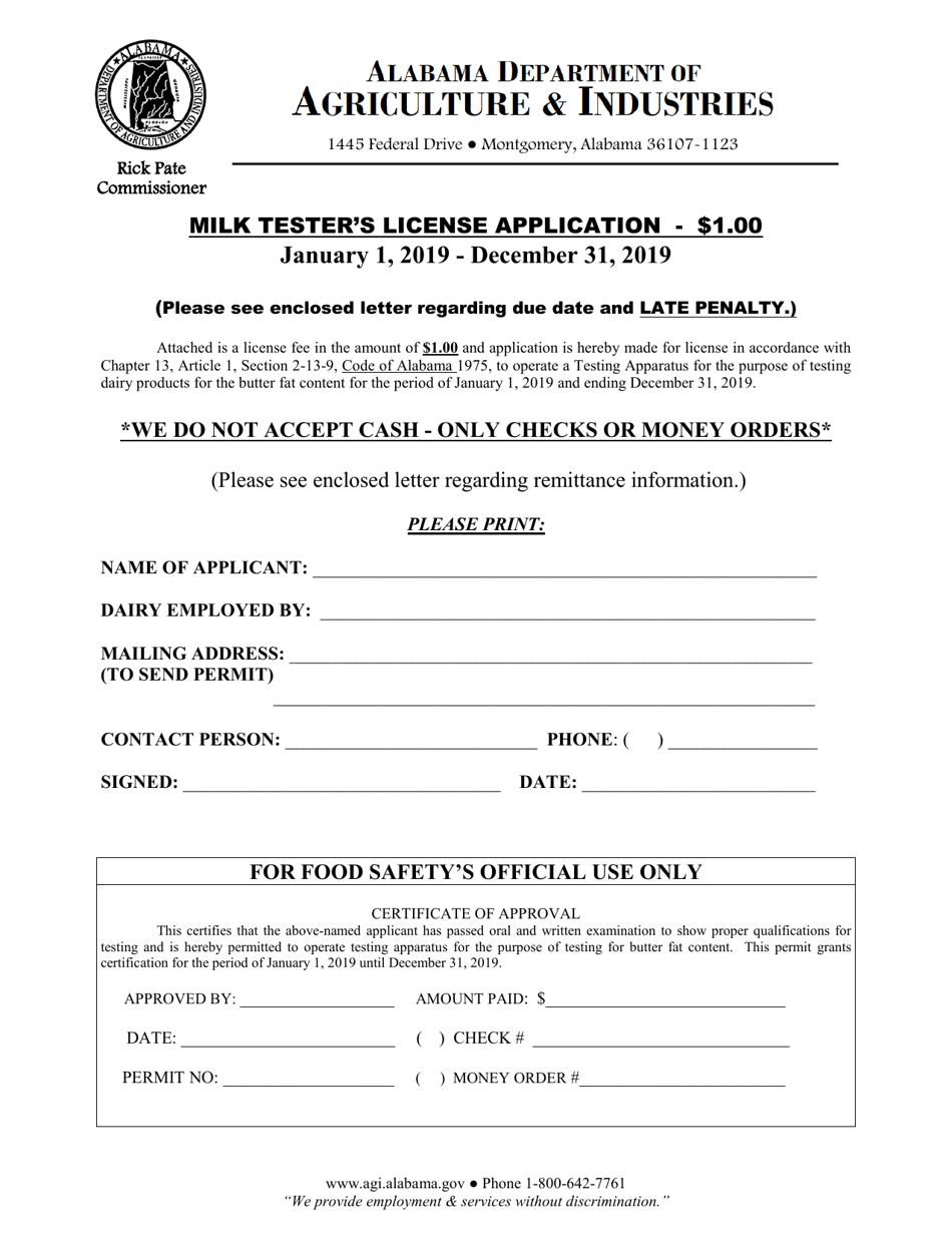 Milk Testers License Application - Alabama, Page 1