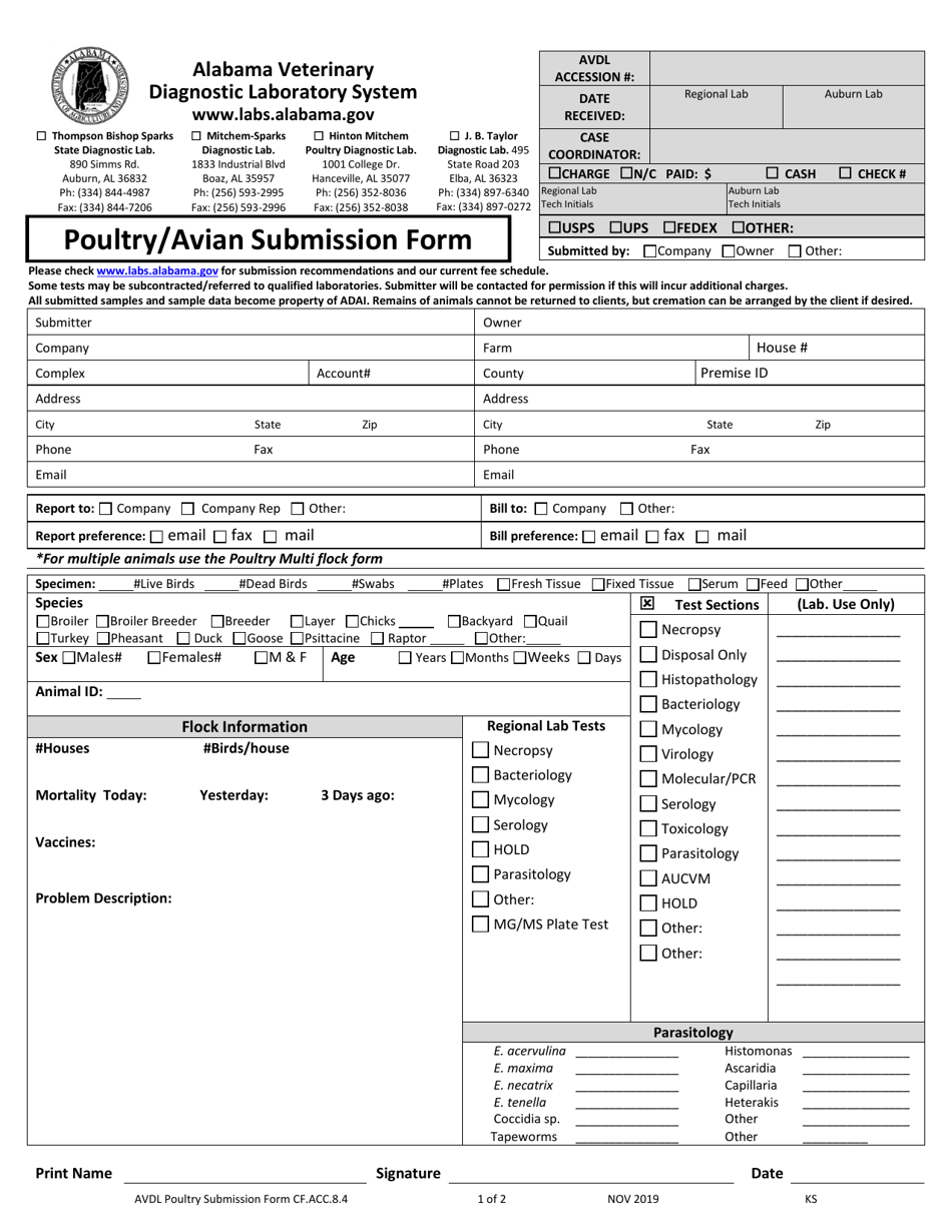 Form CF.ACC.8.4 Poultry/Avian Submission Form - Alabama, Page 1