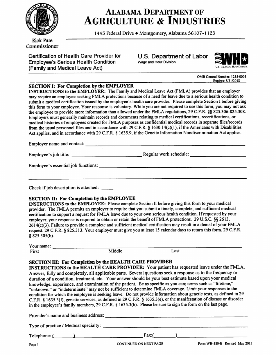 Form WH-380-E Certification of Health Care Provider for Employees Serious Health Condition (Family and Medical Leave Act) - Alabama, Page 1