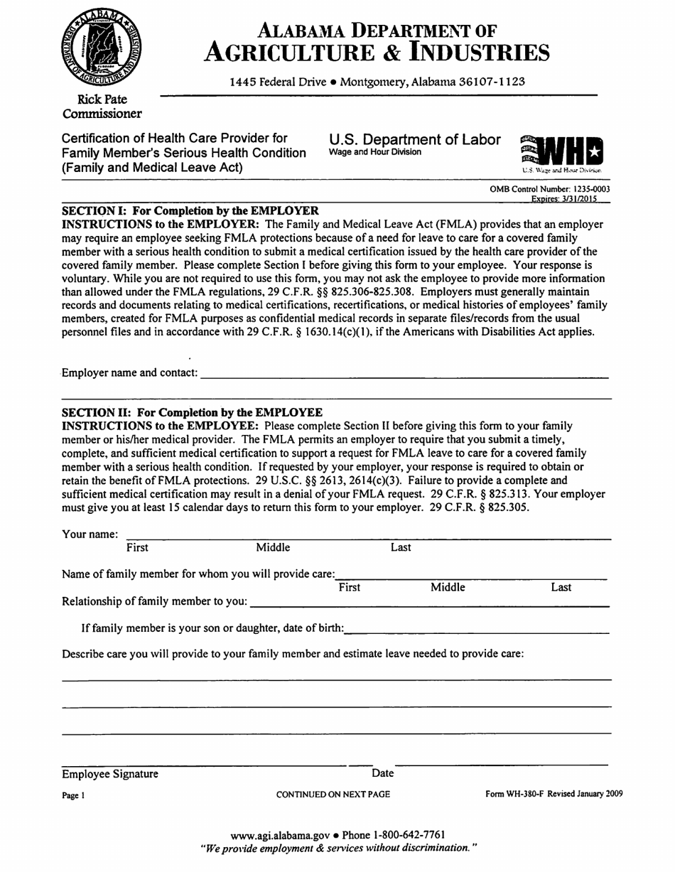 Form WH-380-F Certification of Health Care Provider for Family Members Serious Health Condition (Family and Medical Leave Act) - Alabama, Page 1