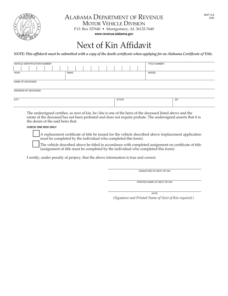 Form MVT5-6 Next of Kin Affidavit - Alabama, Page 1