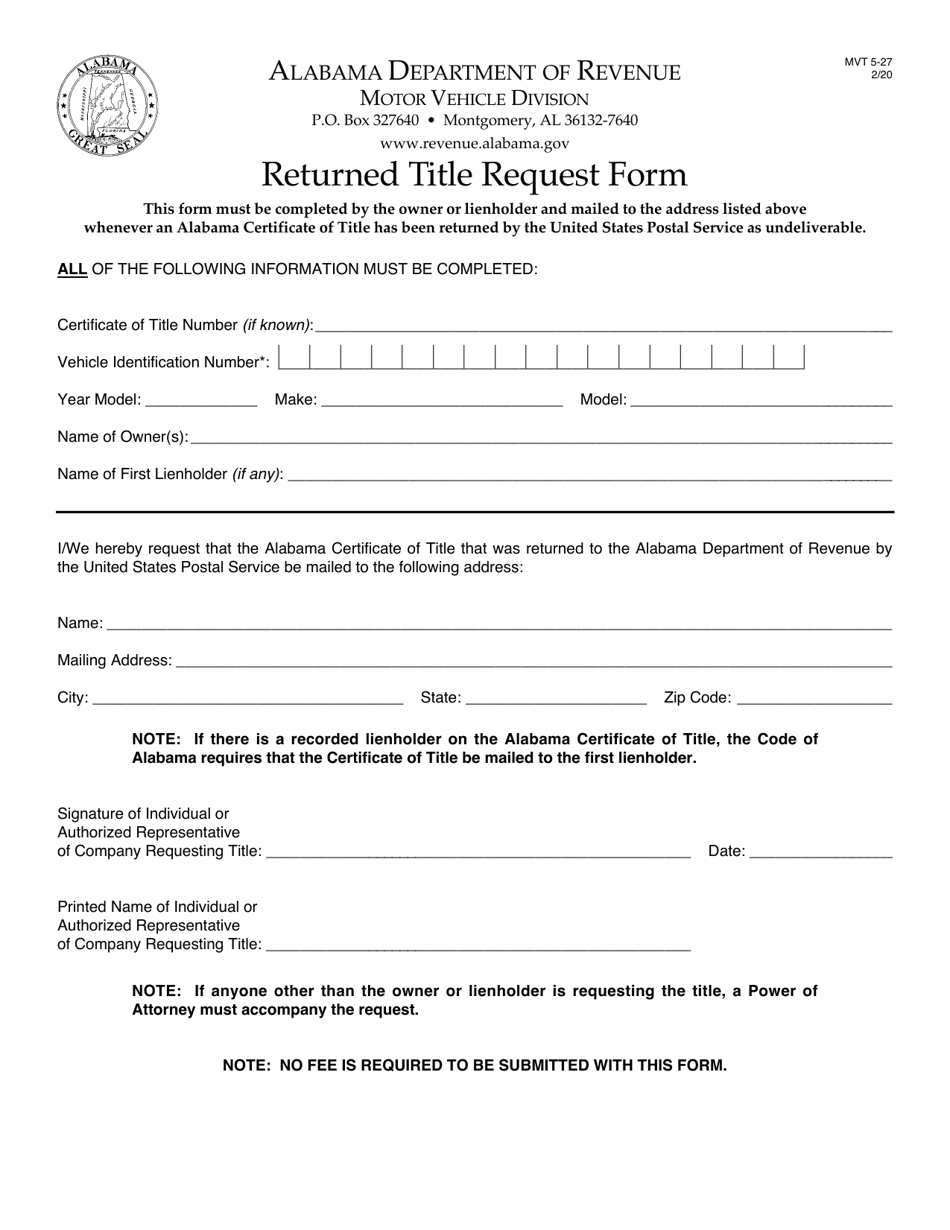 Form MVT5-27 Returned Title Request Form - Alabama, Page 1