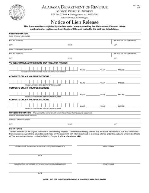 Form MVT5-63 Notice of Lien Release - Alabama