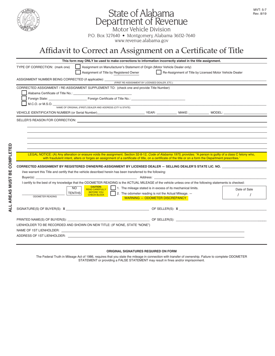 Form MVT5-7 Affidavit to Correct an Assignment on a Certificate of Title - Alabama, Page 1