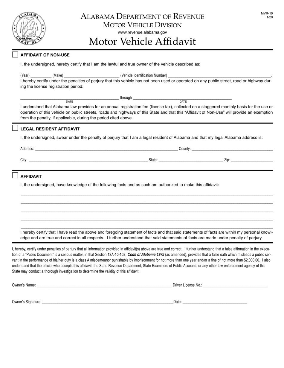 Form MVR10 Fill Out, Sign Online and Download Printable PDF, Alabama