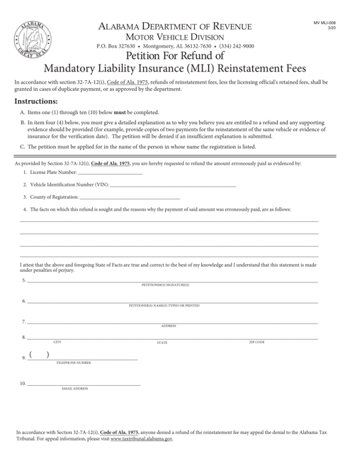 Form MV MLI-008 Petition for Refund of Mandatory Liability Insurance (Mli) Reinstatement Fees - Alabama