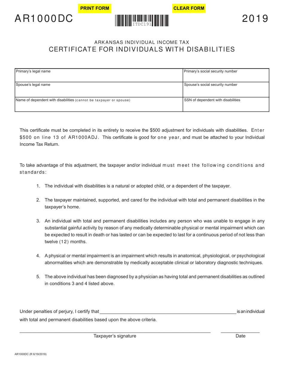 Form AR1000DC Certificate for Individuals With Disabilities - Arkansas, Page 1