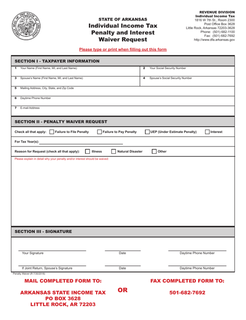 Individual Income Tax Penalty and Interest Waiver Request - Arkansas Download Pdf