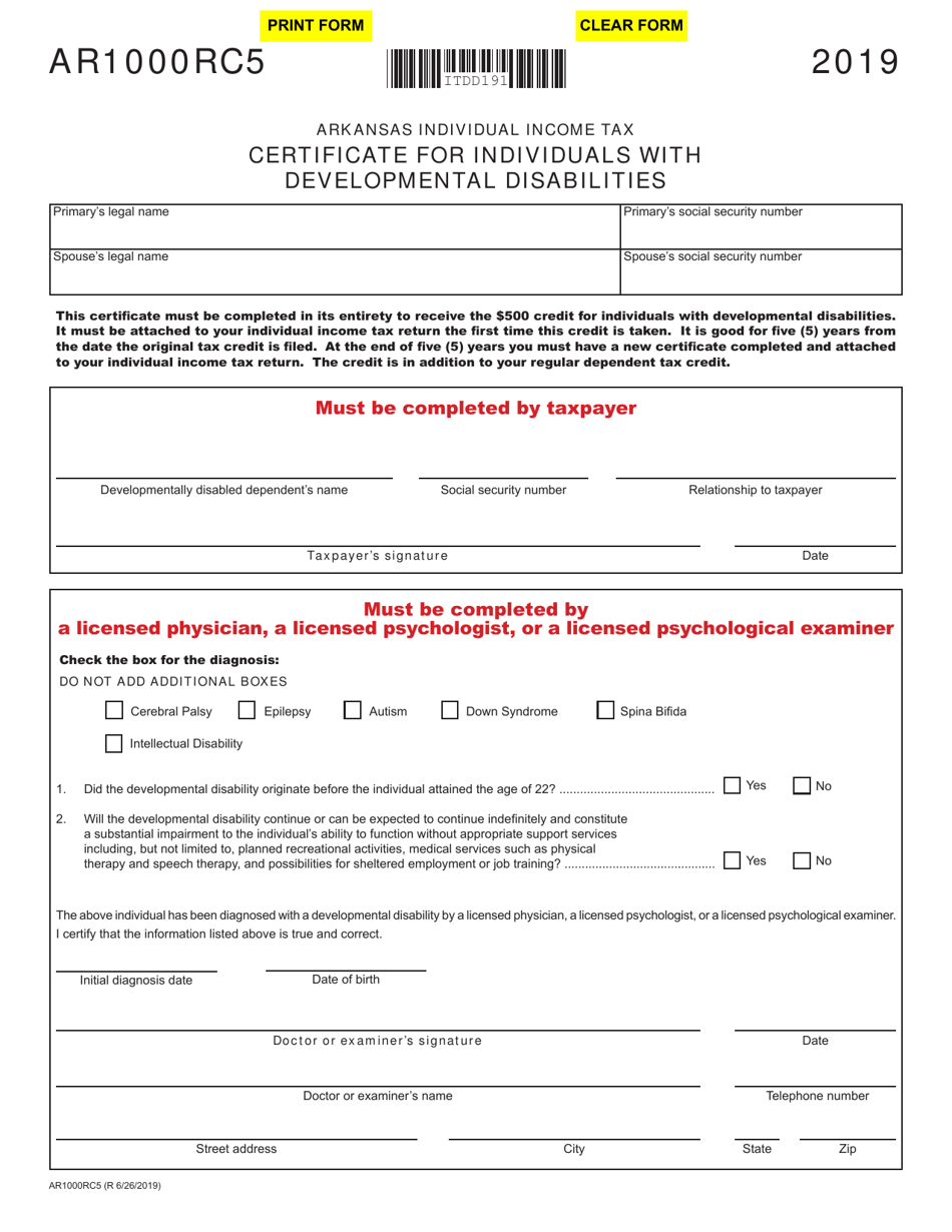 Form AR1000RC5 Certificate for Individuals With Developmental Disabilities - Arkansas, Page 1