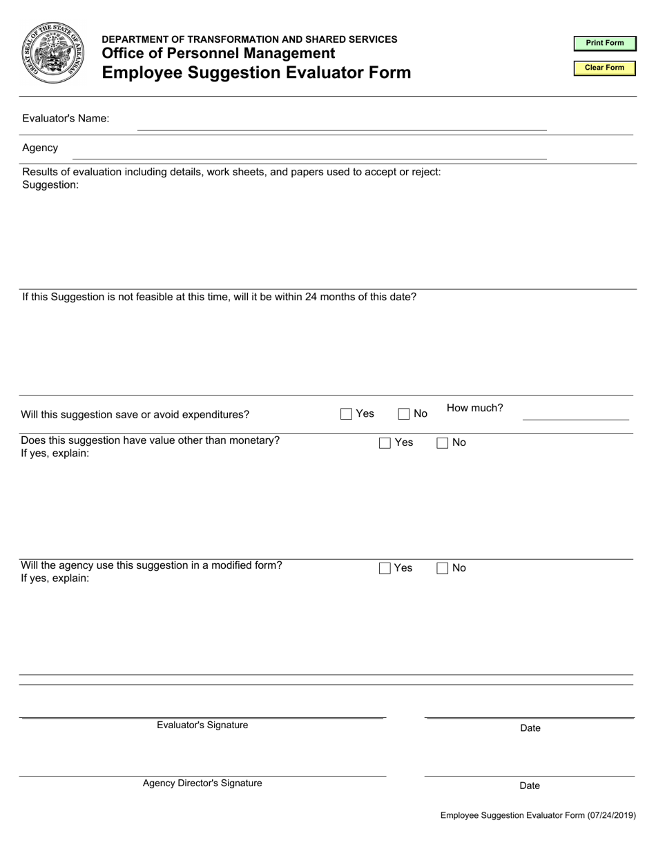 Employee Suggestion Evaluator Form - Arkansas, Page 1