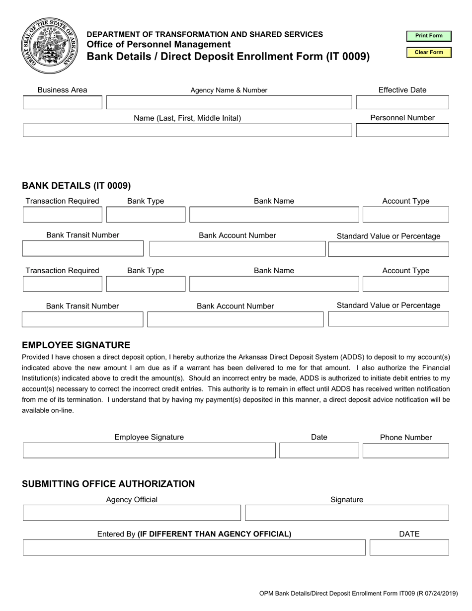 Form IT009 Bank Details / Direct Deposit Enrollment Form - Arkansas, Page 1