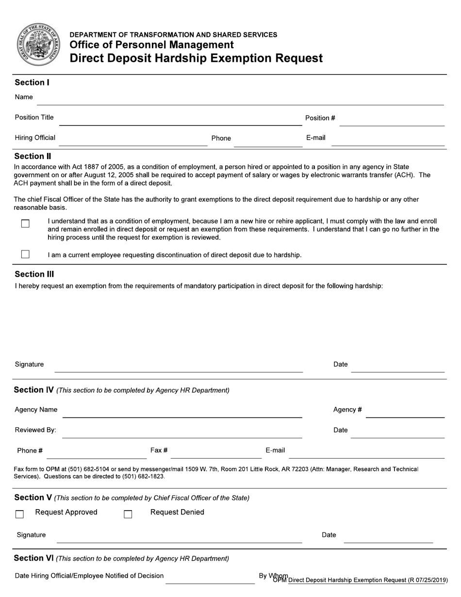 Direct Deposit Hardship Exemption Request - Arkansas, Page 1