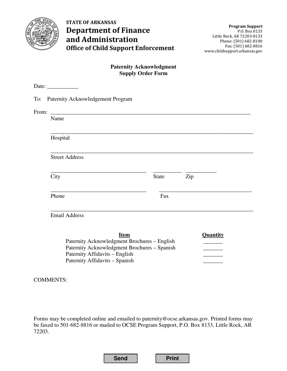 Paternity Acknowledgment Supply Order Form - Arkansas, Page 1