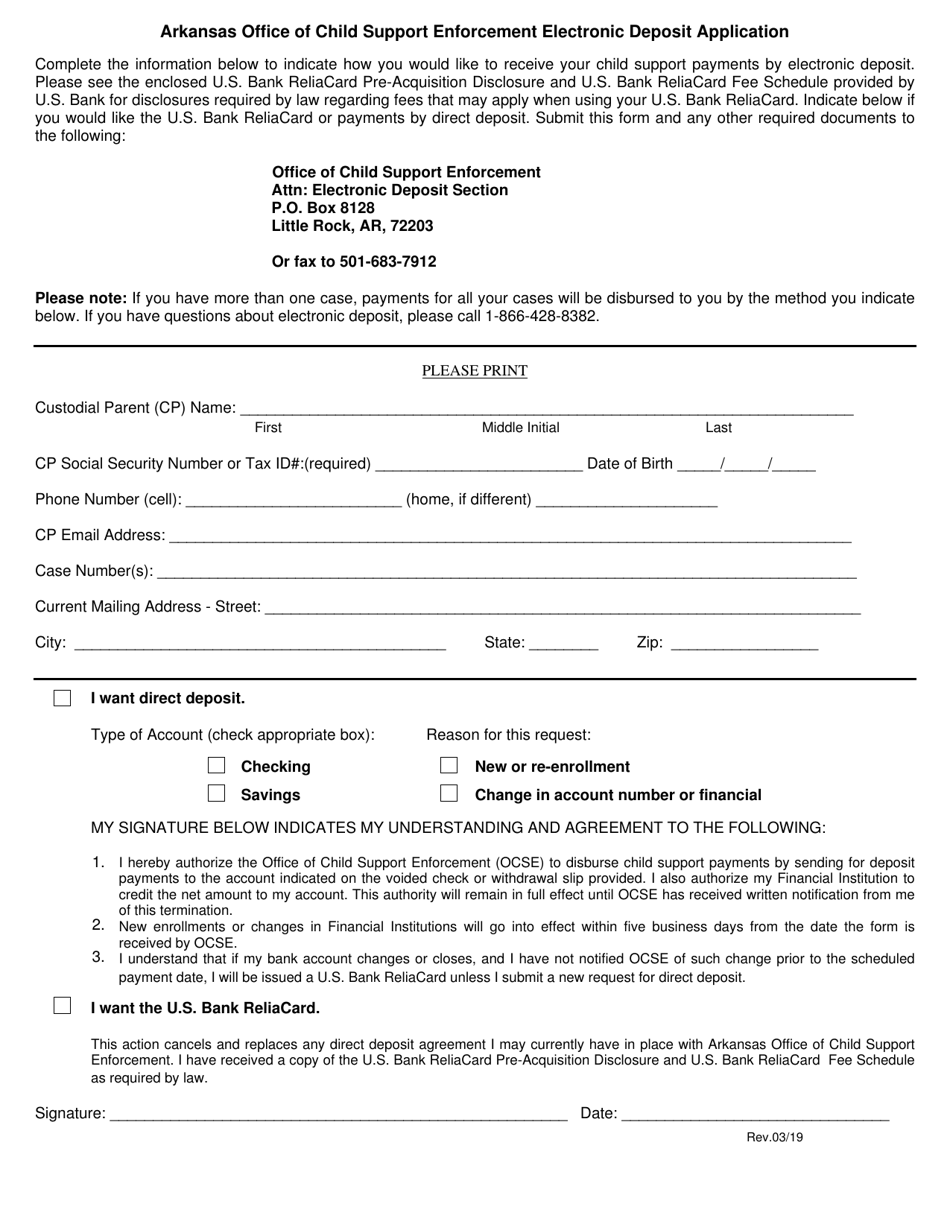 Arkansas Office of Child Support Enforcement Electronic Deposit Application - Arkansas, Page 1