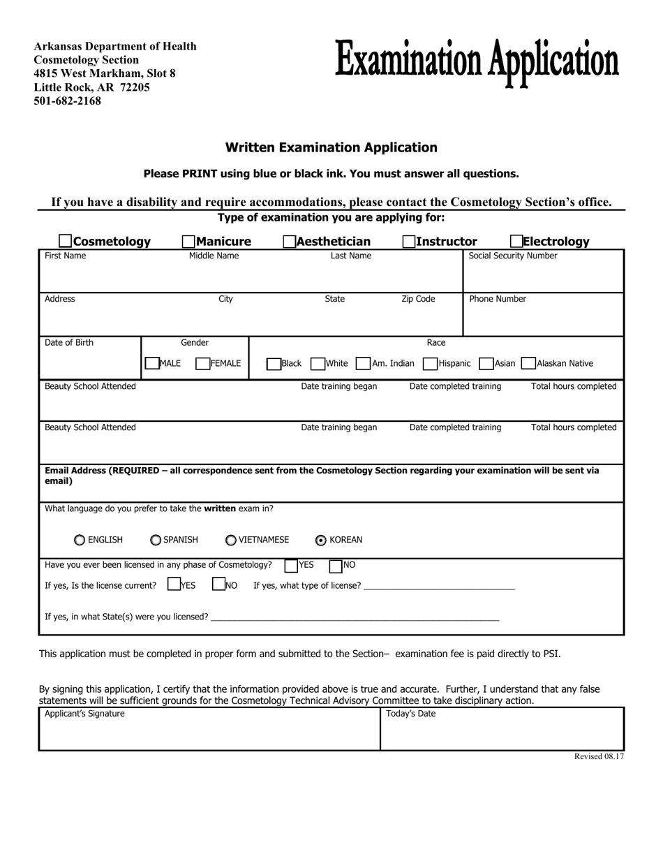 Arkansas Written Examination Application Download Fillable PDF