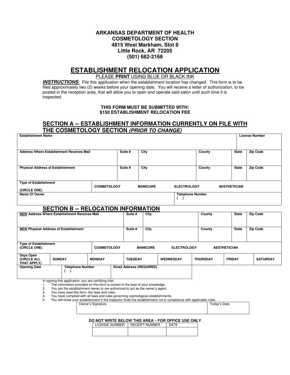 Establishment Relocation Application - Arkansas, Page 1