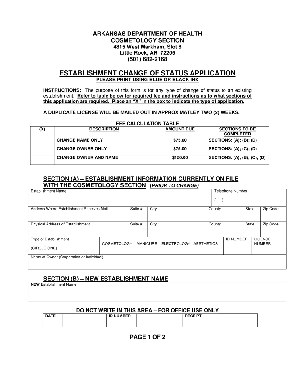 Establishment Change of Status Application - Arkansas, Page 1