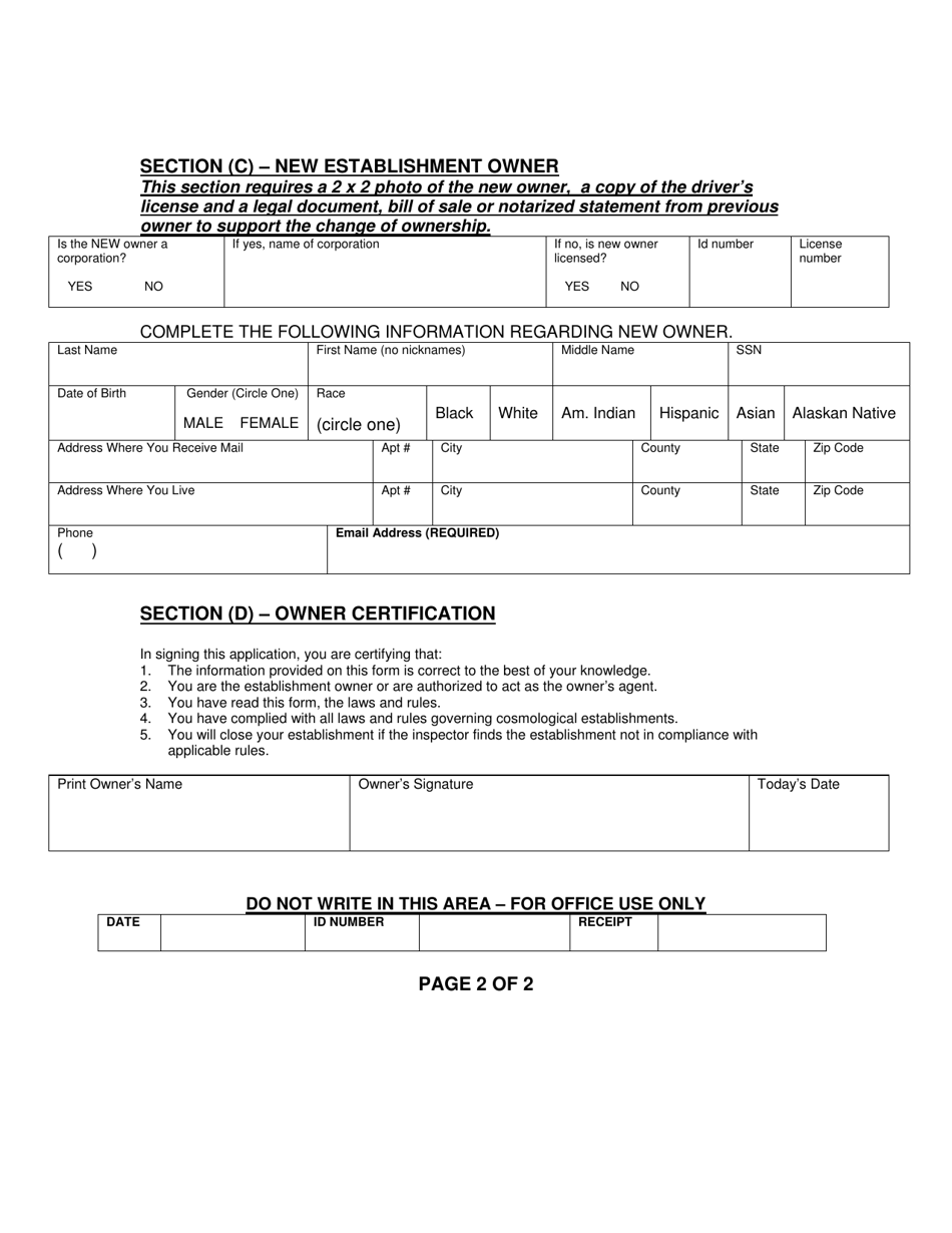 Establishment Change of Status Application - Arkansas, Page 2