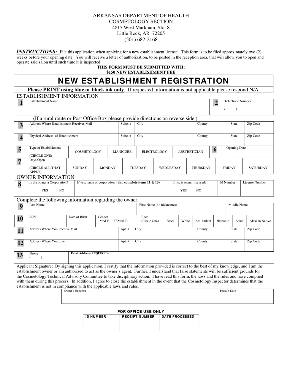 Arkansas New Establishment Registration Fill Out, Sign Online and