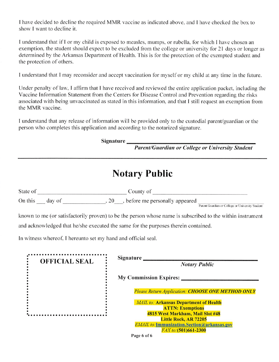 Arkansas Immunization Exemption Application for College or University Students - Arkansas, Page 6