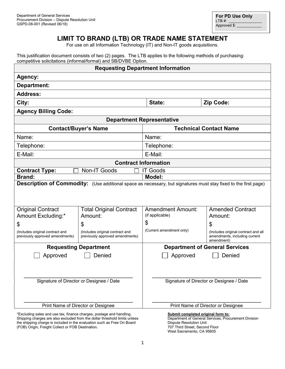 Form GSPD-08-001 Limit to Brand (Ltb) or Trade Name Statement - California, Page 1