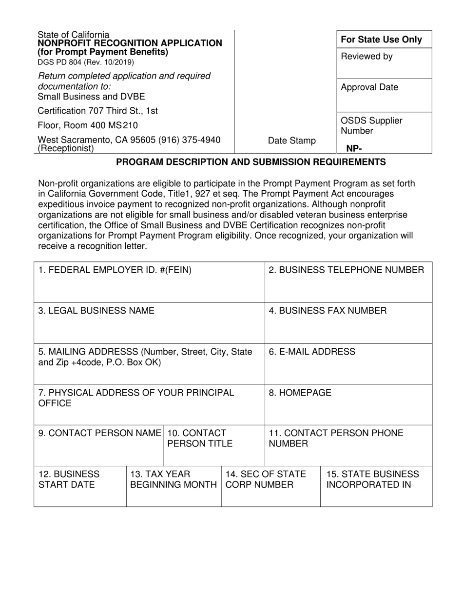 Form DGS PD804 Nonprofit Recognition Application (For Prompt Payment Benefits) - California, Page 1