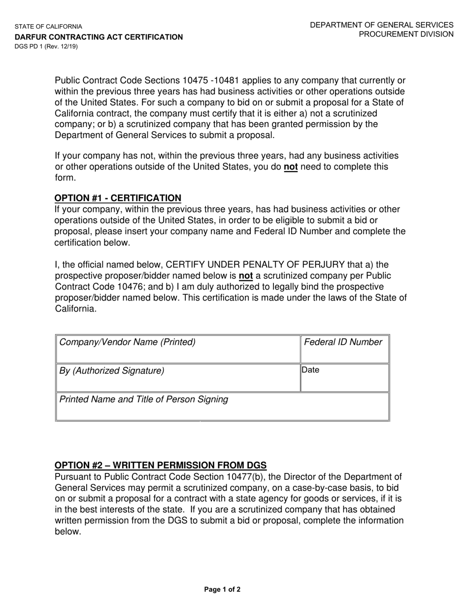 Form DGS PD1 Darfur Contracting Act Certification - California, Page 1