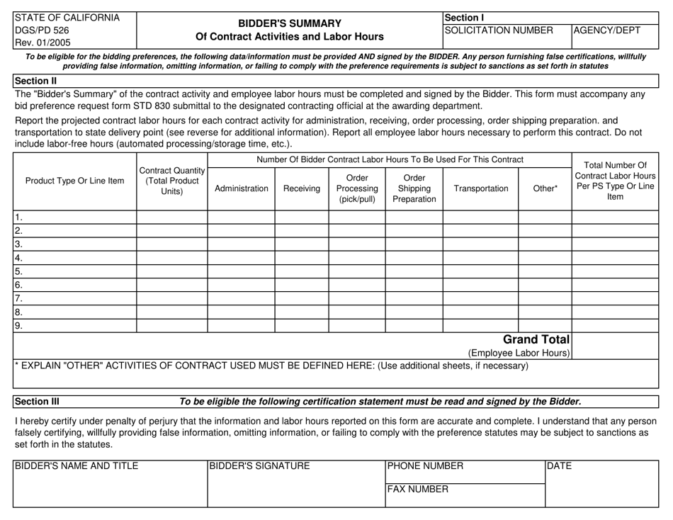 Form DGS PD526 Bidders Summary of Contract Activities and Labor - California, Page 1