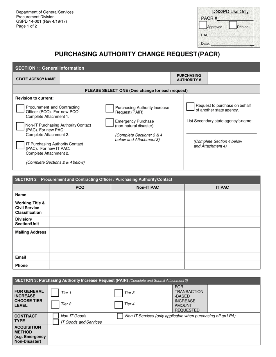 Form DGS PD14-001 Purchasing Authority Change Request (Pacr) - California, Page 1