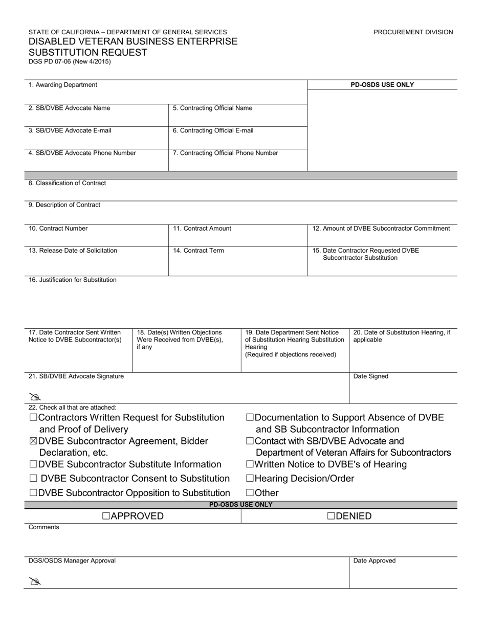 Form DGS PD07-06 Disabled Veteran Business Enterprise Substitution Request - California, Page 1