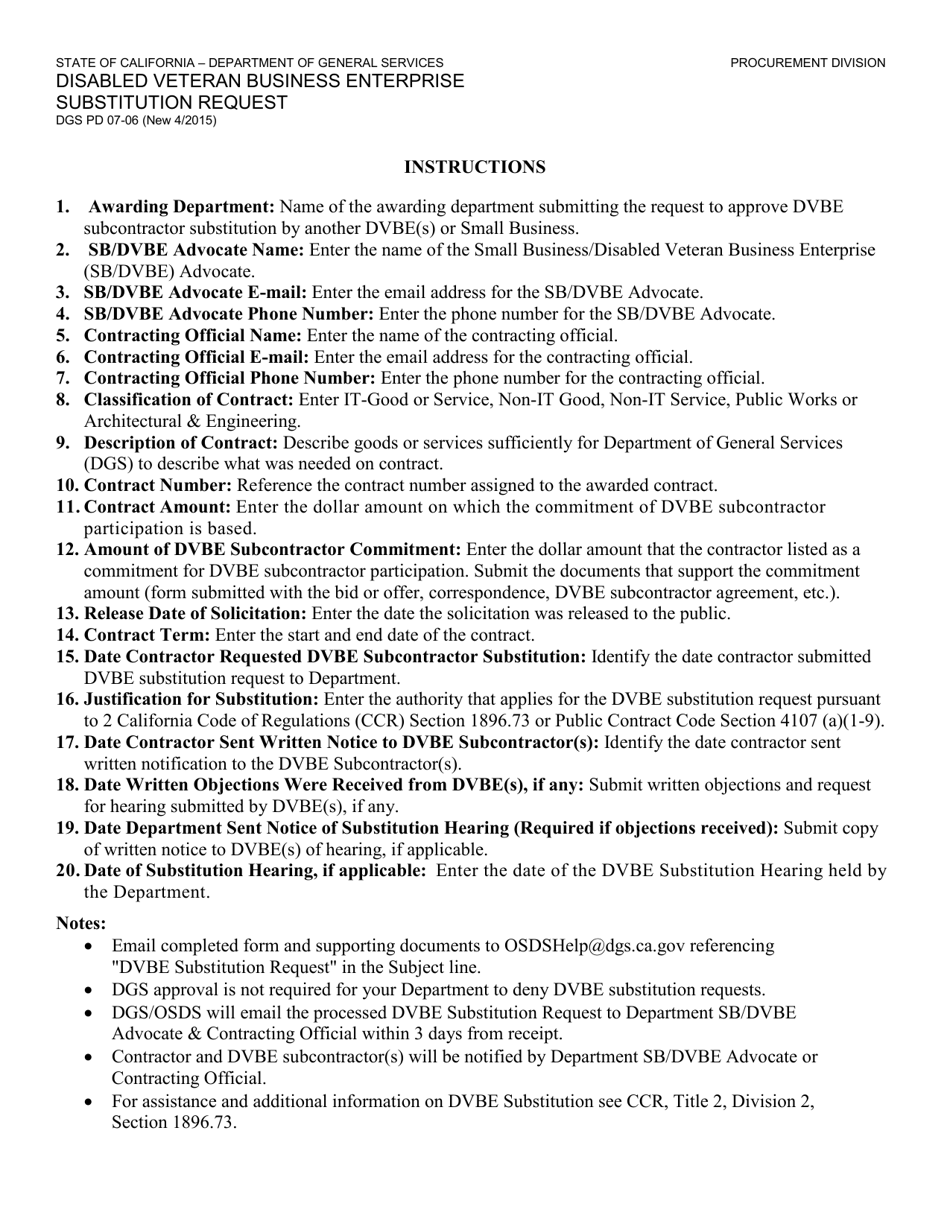 Form DGS PD07-06 Disabled Veteran Business Enterprise Substitution Request - California, Page 2