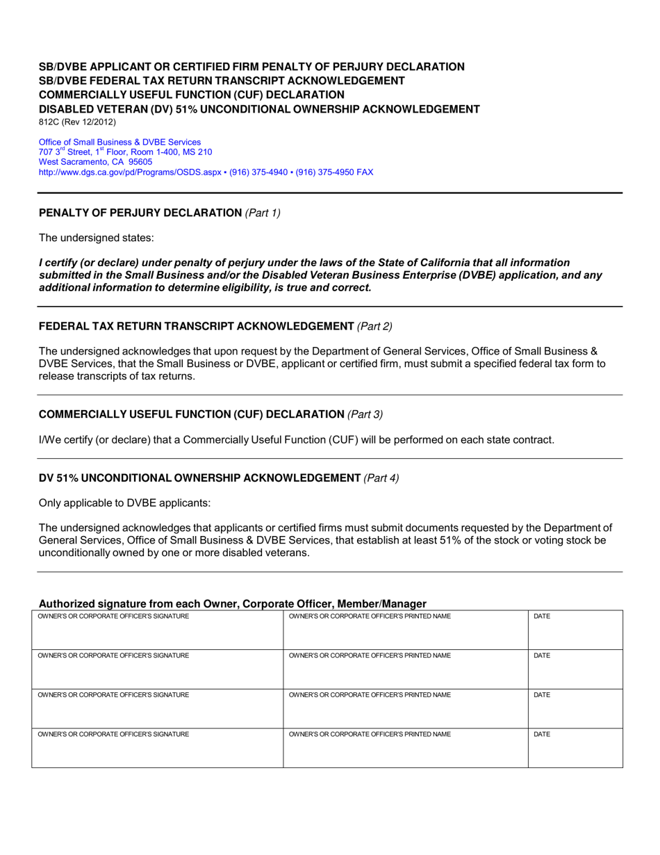 Form 812C Sb / Dvbe Applicant or Certified Firm Penalty of Perjury Declaration - California, Page 1