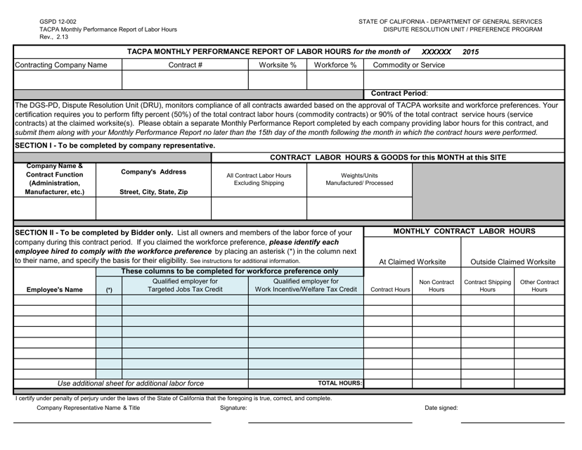 Form DGS PD12-002 Target Area Contract Preference Act (Tacpa) Monthly Performance Report of Labor Hours - California