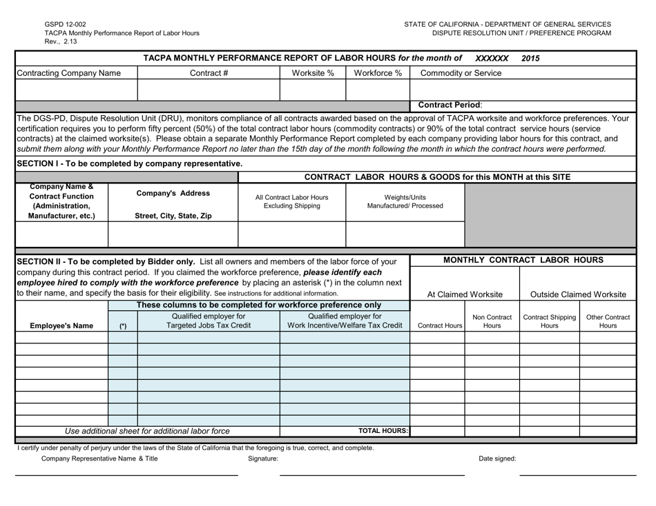 Form DGS PD12-002 Target Area Contract Preference Act (Tacpa) Monthly Performance Report of Labor Hours - California, Page 1