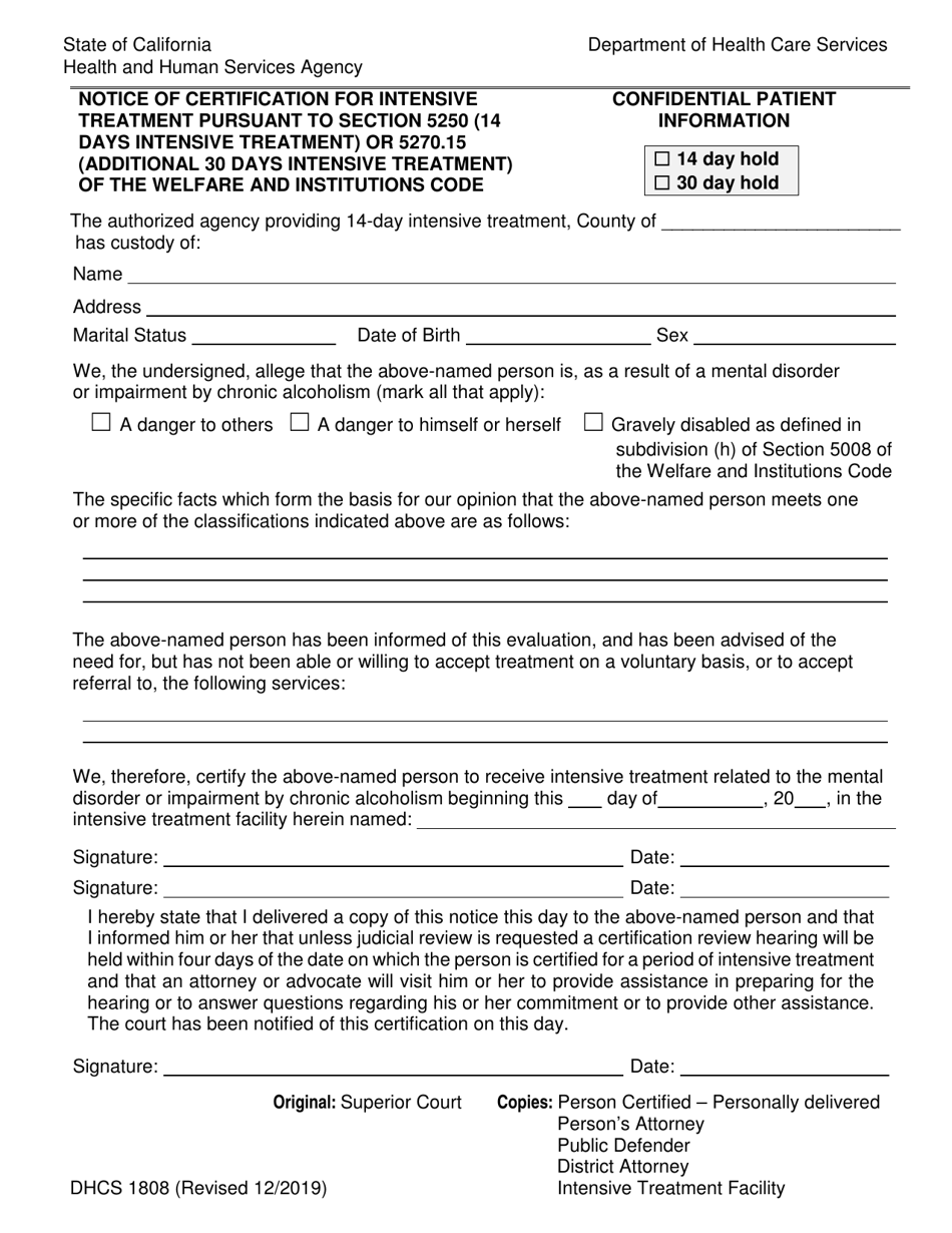 Form DHCS1808 Notice of Certification for Intensive Treatment - California, Page 1