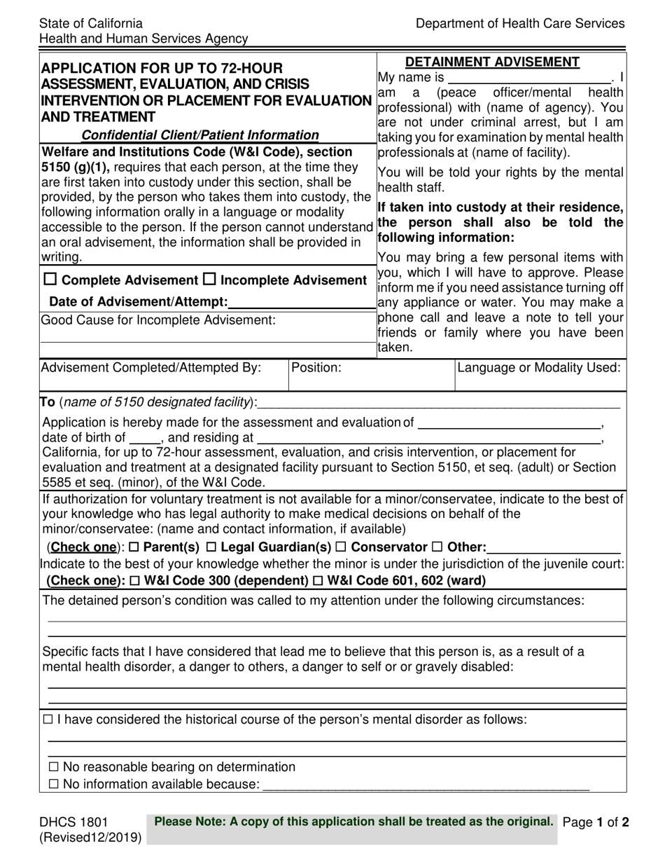 Form DHCS1801 Application for up to 72-hour Assessment, Evaluation, and Crisis Intervention or Placement for Evaluation and Treatment - California, Page 1