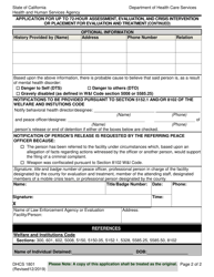 Form DHCS1801 Application for up to 72-hour Assessment, Evaluation, and Crisis Intervention or Placement for Evaluation and Treatment - California, Page 2